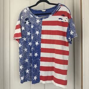 BiBi American Flag Theme Short Sleeves Round Neck Distressed T-Shirt Large